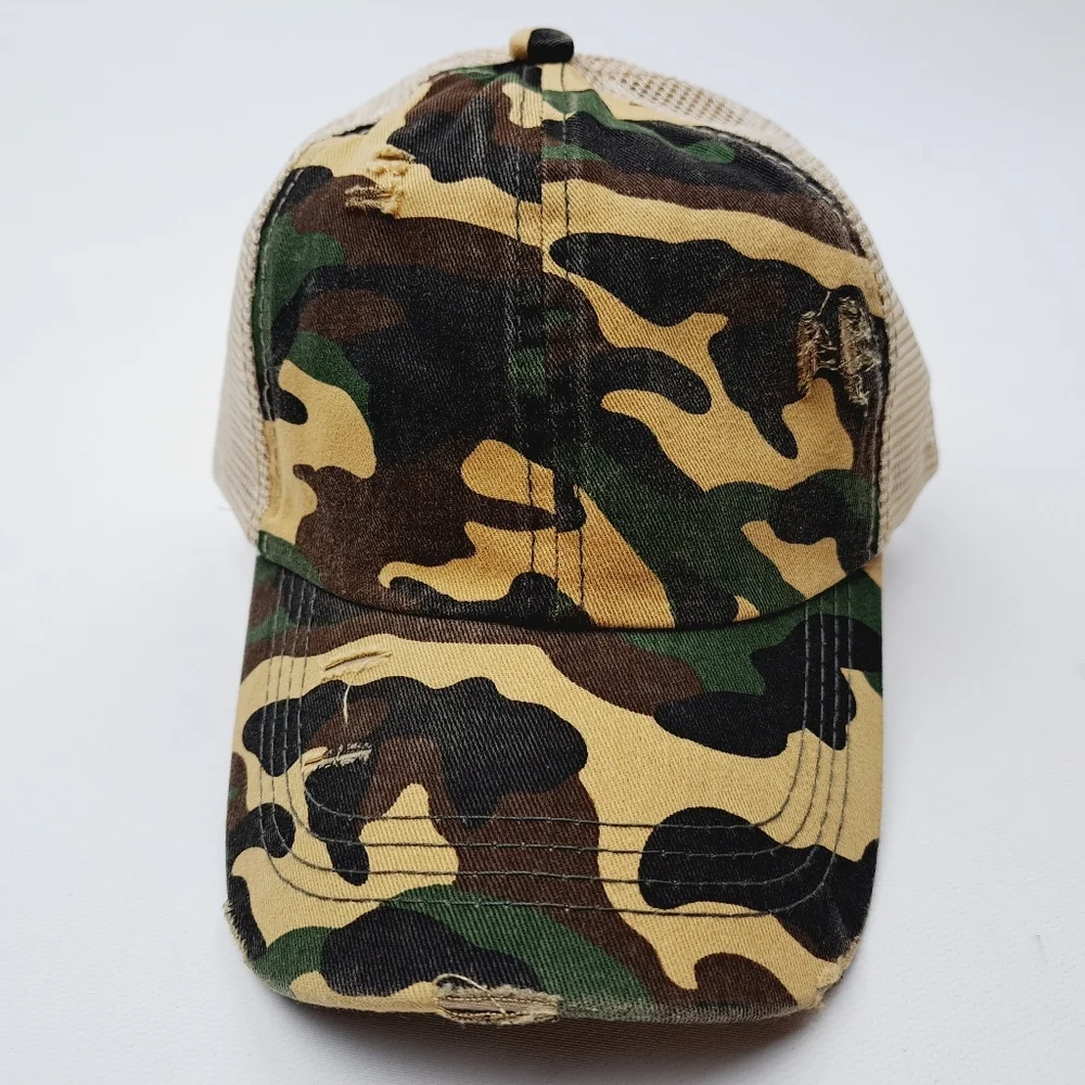 Camouflage Ponytail Criss-cross Mesh Trucker Women's Cap Hat Distressed